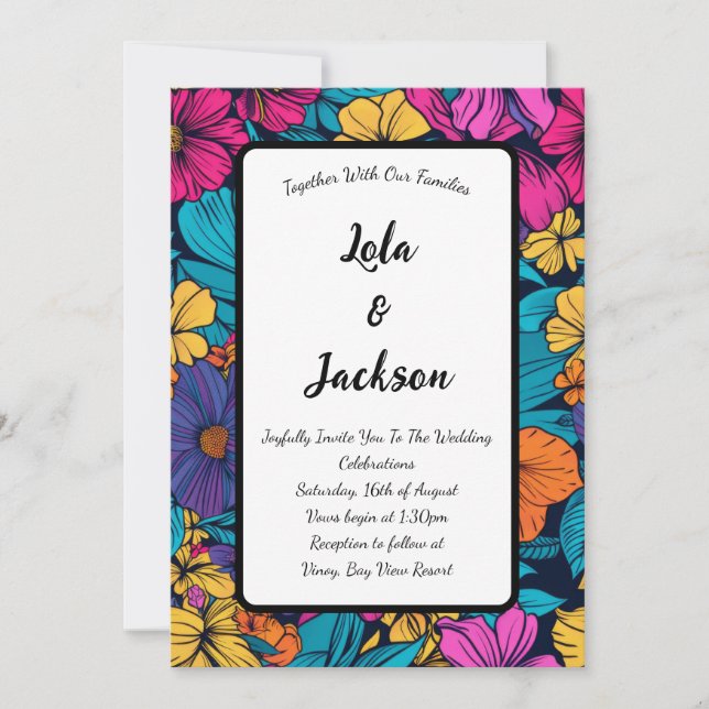 Vibrant Floral Vintage Wedding Invitation (Front)