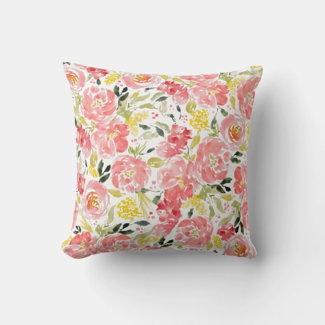 Vibrant floral watercolor pattern throw pillow (Front)
