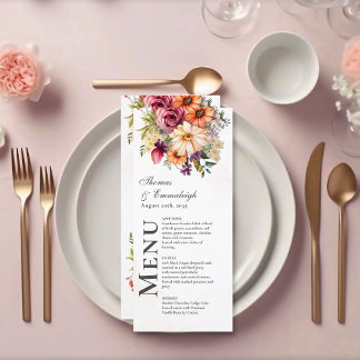 Vibrant Floral Watercolor Wedding Menu