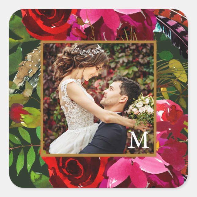 Vibrant Floral with Monogram Photo Christmas Square Sticker (Front)
