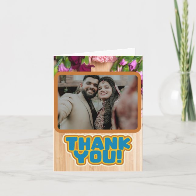 Vibrant Floral Wood Texture Wedding  Thank You Card (Front)