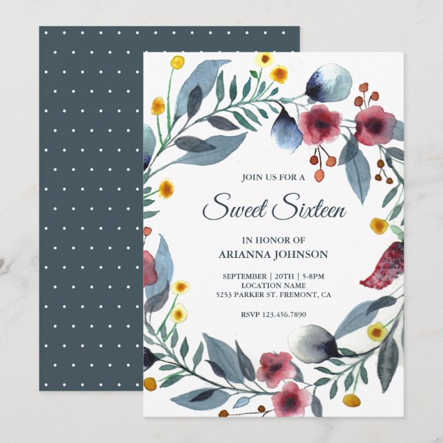 Vibrant Floral Wreath 16th Birthday Sweet Sixteen Invitation (Front/Back)