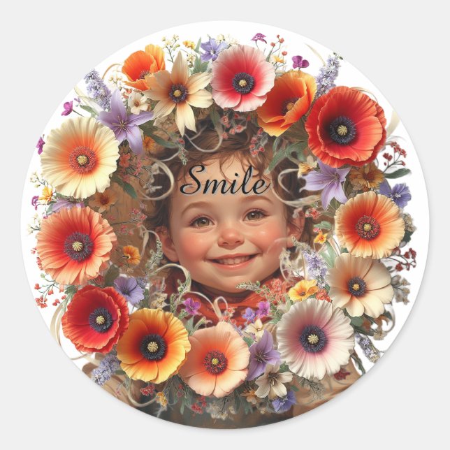 Vibrant Floral Wreath Classic Round Sticker (Front)