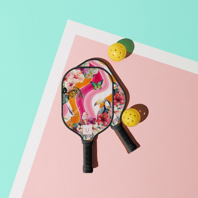 Vibrant Flow | Funky Retro Tropical Monogram  Pickleball Paddle (Creator Uploaded)