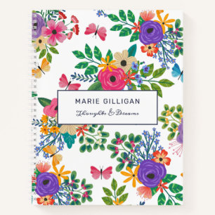 Vibrant Flowers & Butterflies White Pattern Notebook
