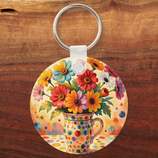Vibrant Flowers, Colourful Polka Dots, Key Ring (Back)