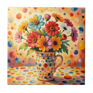 Vibrant Flowers, Colourful Polka Dots, Tile