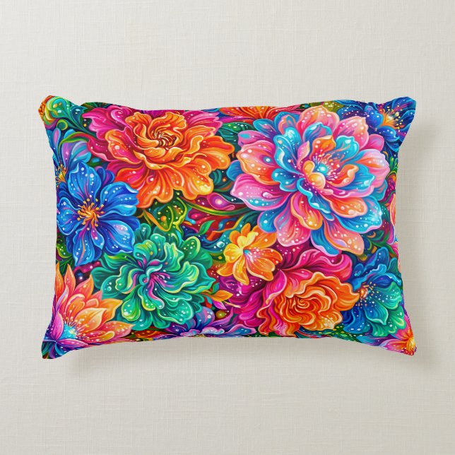 Vibrant Flowers Dreamscape – Psychedelic Boho Decorative Cushion (Front)