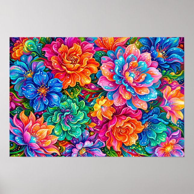 Vibrant Flowers Dreamscape – Psychedelic Boho Poster (Front)