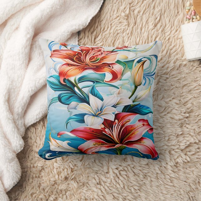 Vibrant Flowers in Bloom Surrounded by Swirls Cushion (Blanket)