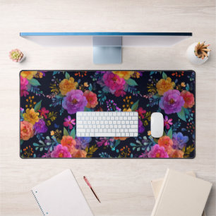 Vibrant Flowers on Black Elegant Vintage Floral Desk Mat