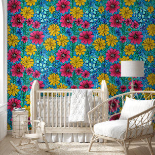 Vibrant flowers Pink Yellow Blue Lovely pattern Wallpaper