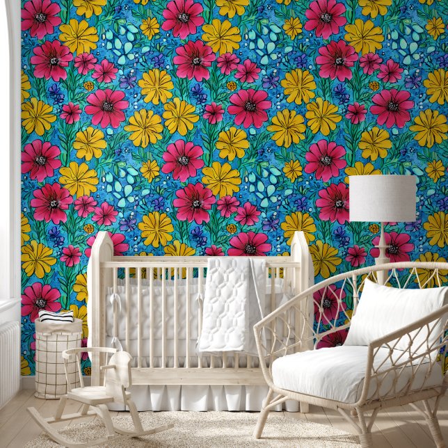 Vibrant flowers Pink Yellow Blue Lovely pattern Wallpaper (Kids)