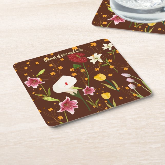 Vibrant Flowers Square Paper Coaster (Angled)