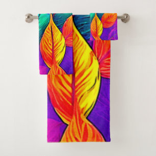 Vibrant Foliage: Cartoon Neon Bath Towel Set