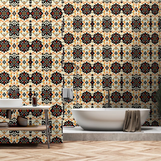 Vibrant Folk Art Damask Wallpaper (Bathroom)