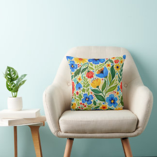 Vibrant Folk Art Floral Meadow Cushion