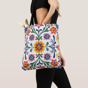 Vibrant Folk Art Floral Pattern Tote Bag   Traditi