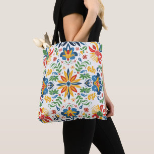 Vibrant Folk Art Floral Pattern Tote Bag Traditi