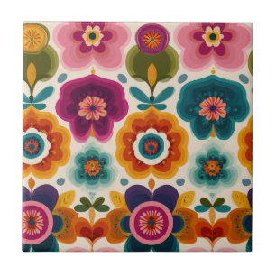 Vibrant Folk Art Flowers 70s Retro Floral Pattern Tile