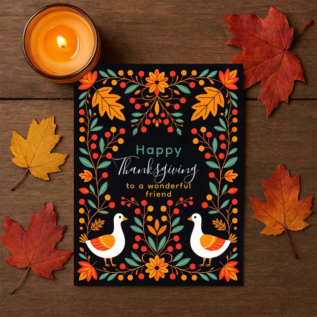 Vibrant Folk Art Geese Maple Leaves Thanksgiving Postcard (Creator Uploaded)
