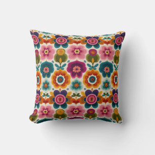 Vibrant Folk Art Retro Bohemian Floral Pattern  Cushion