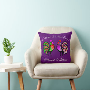 Vibrant Folk Art Roosters on Purple Cushion