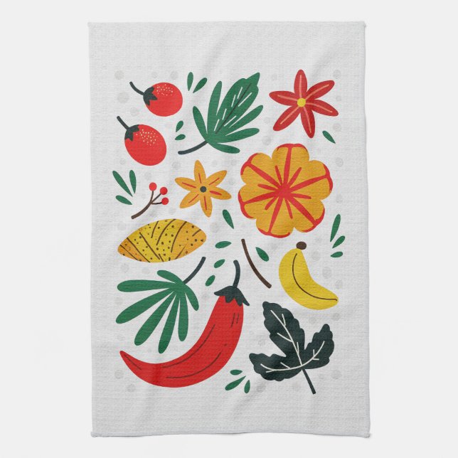 Vibrant Folk Art Tropical Fruit Chilli Pepper Tea Towel (Vertical)