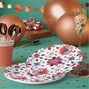 Vibrant Folk Floral Mosaic Paper Plate