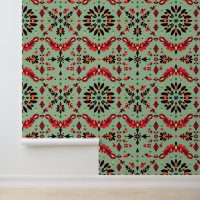 Vibrant Folk Floral Pattern on Green Background