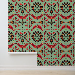 Vibrant Folk Floral Pattern on Green Background Wallpaper