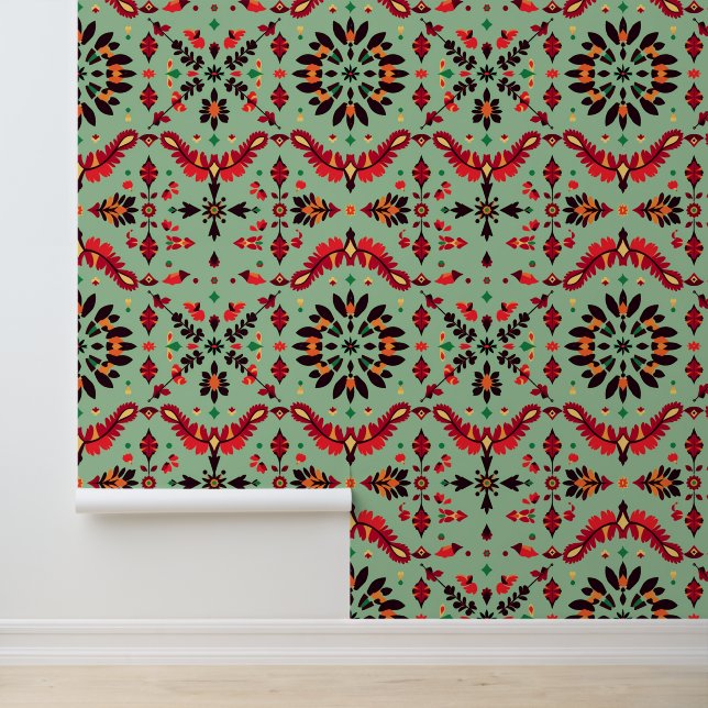 Vibrant Folk Floral Pattern on Green Background Wallpaper (Application)