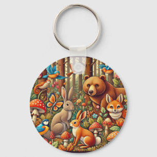 Vibrant Forest Scene Featuring Wildlife Key Ring