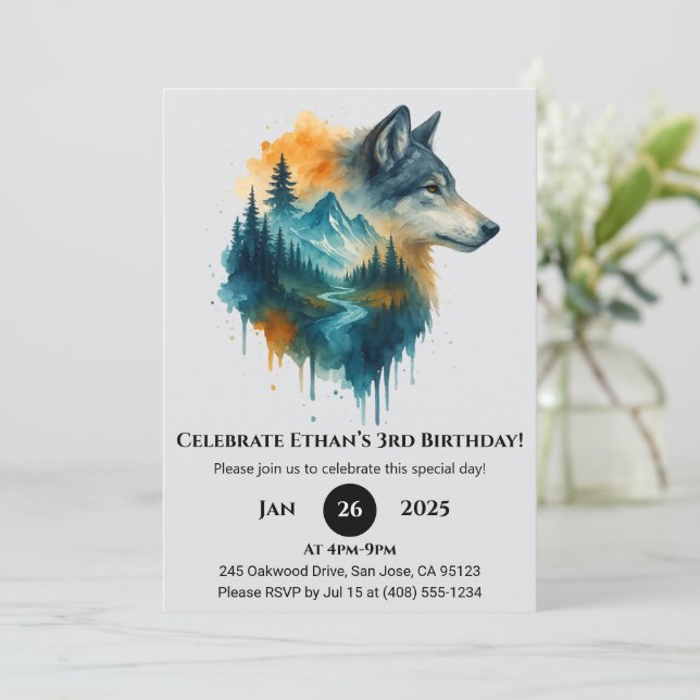 Vibrant Forest Wolf Birthday Invitation (Standing Front)