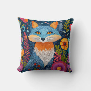 Vibrant Fox Dot Art Amidst Lush Flora Cushion