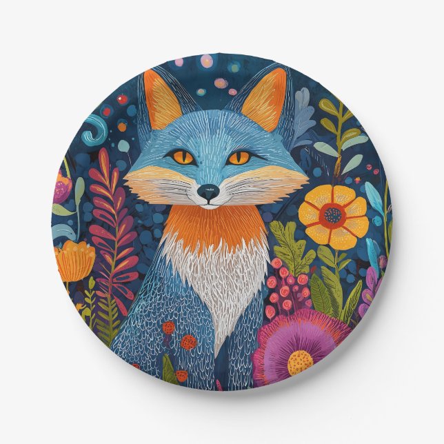 Vibrant Fox Dot Art Amidst Lush Flora Paper Plate (Front)