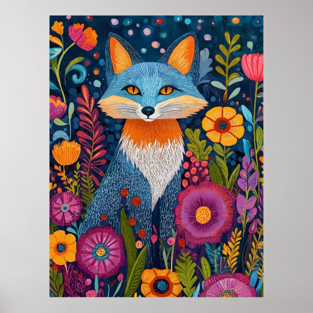Vibrant Fox Dot Art Amidst Lush Flora Poster (Front)
