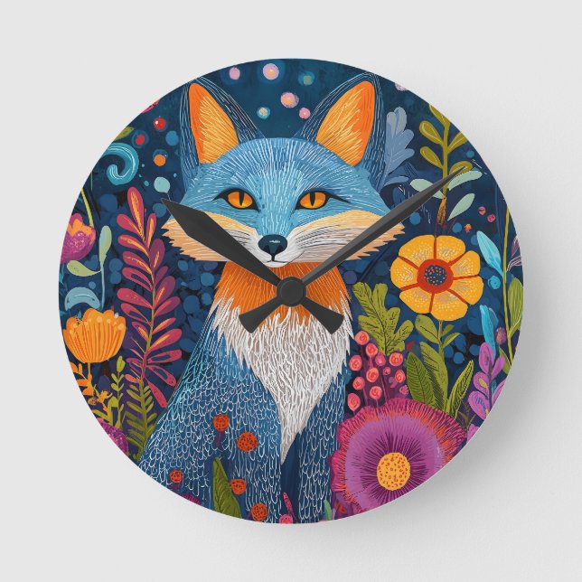 Vibrant Fox Dot Art Amidst Lush Flora Round Clock (Front)