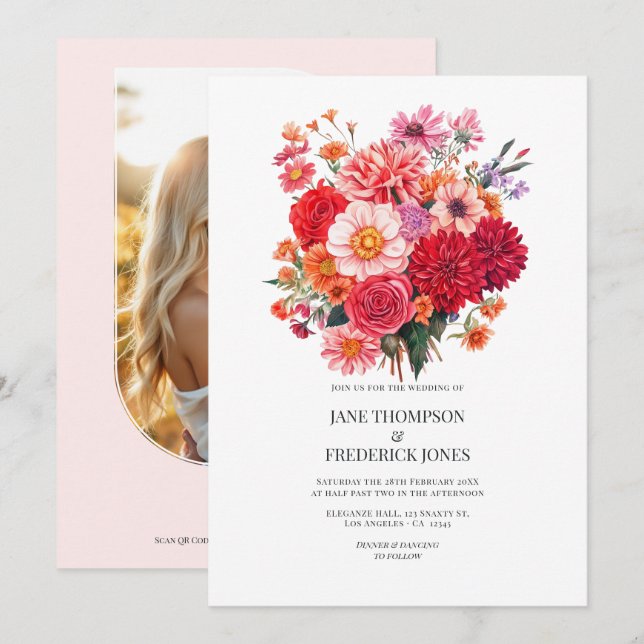 Vibrant Fuchsia and Coral Floral Wedding QR Code Invitation (Front/Back)