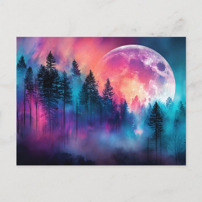 Vibrant Full Moon Rising Over a Dreamlike Forest Postcard (Front)
