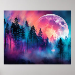 Vibrant Full Moon Rising Over a Dreamlike Forest Poster