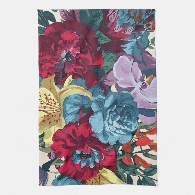 Vibrant garden blooms colourful vintage flowers tea towel (Vertical)