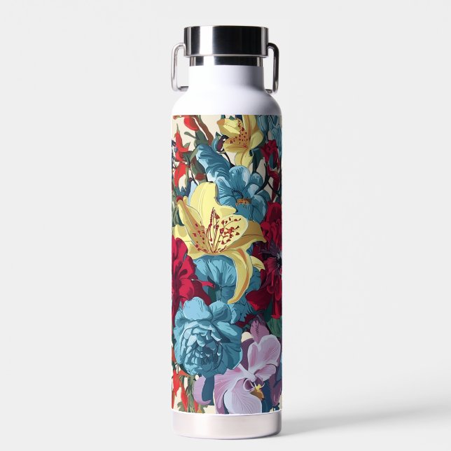 Vibrant garden blooms colourful vintage flowers water bottle (Front)