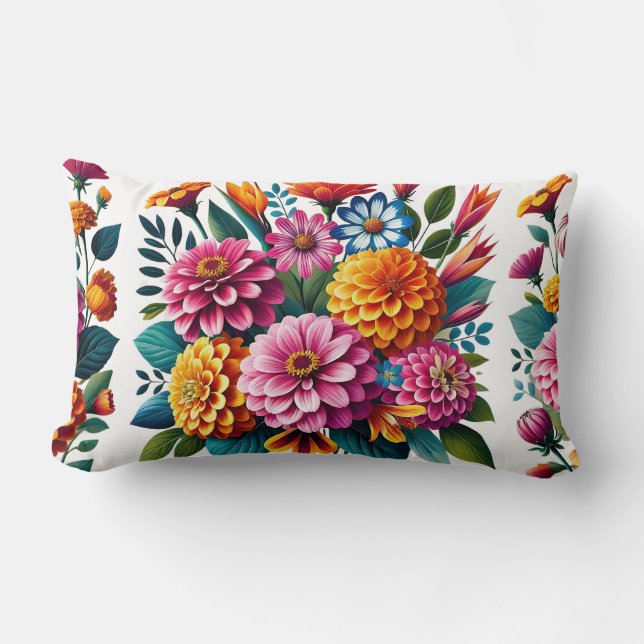 Vibrant Garden Blooms Floral Design Lumbar Cushion (Front)