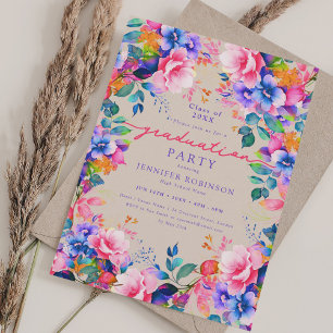 Vibrant Garden Floral Graduation Party Champagne Invitation