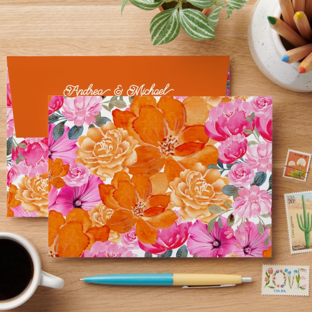 Vibrant Garden | Pink and Orange Floral Wedding Envelope (Desk)