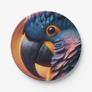 Vibrant Gaze: Macro Portrait of a Colourful Parrot Paper Plate