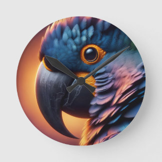 Vibrant Gaze: Macro Portrait of a Colourful Parrot Round Clock