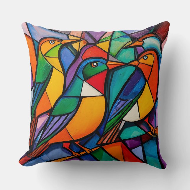 Vibrant Geometric Birds Artwork in Contemporary Cushion (Front)
