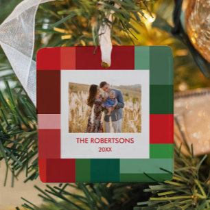Vibrant Geometric Colour Block Christmas Photo Ceramic Ornament